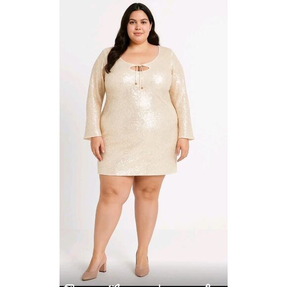 Womens Long Sleeve Sequin Mini Shift Holiday Dress Wild Fable Champagne 2XL part - Picture 1 of 5